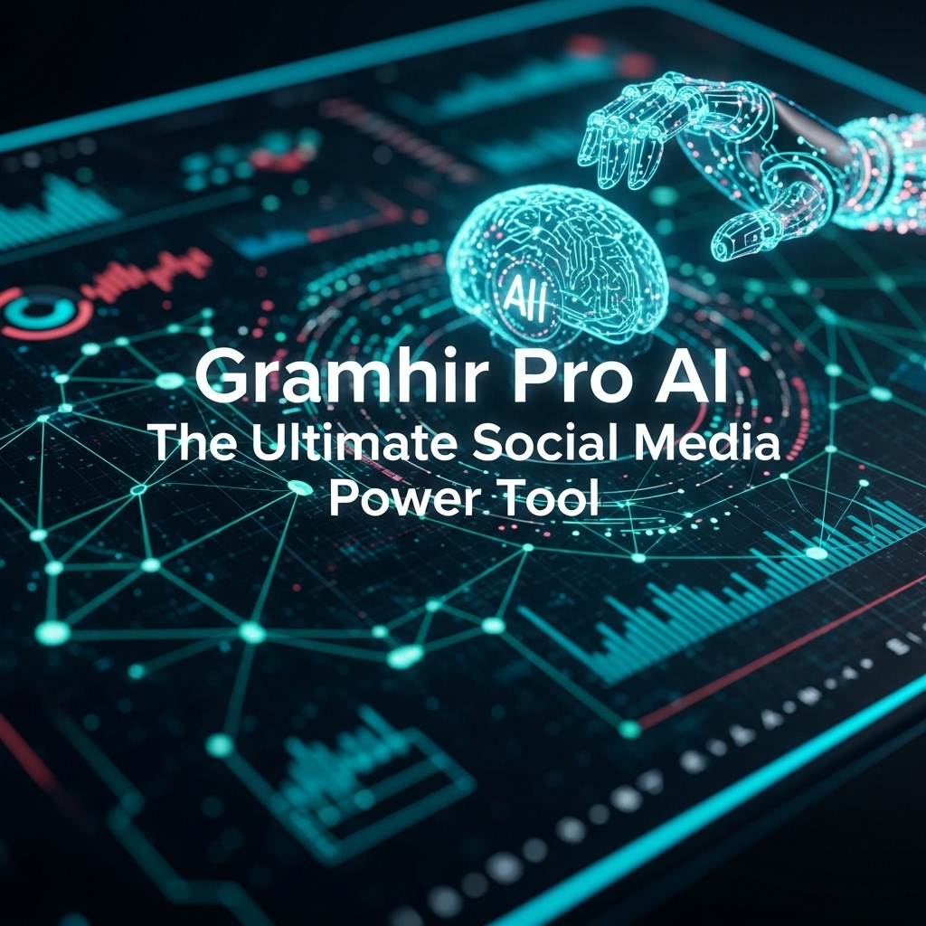 Gramhir Pro AI interface with robotic hand and AI brain, symbolizing smart social media automation.
