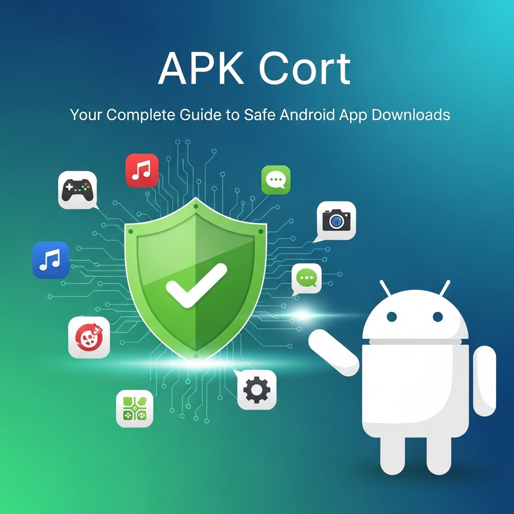 APK Cort guide illustration showing Android mascot with shield icon and app symbols, representing safe Android app downloads.