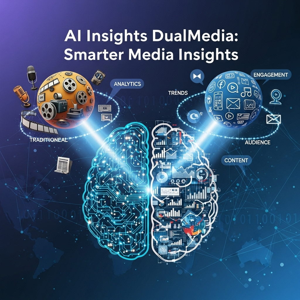 AI Insights DualMedia concept illustration showing a brain merging traditional media analytics with digital media insights, trends, engagement, and audience analysis.