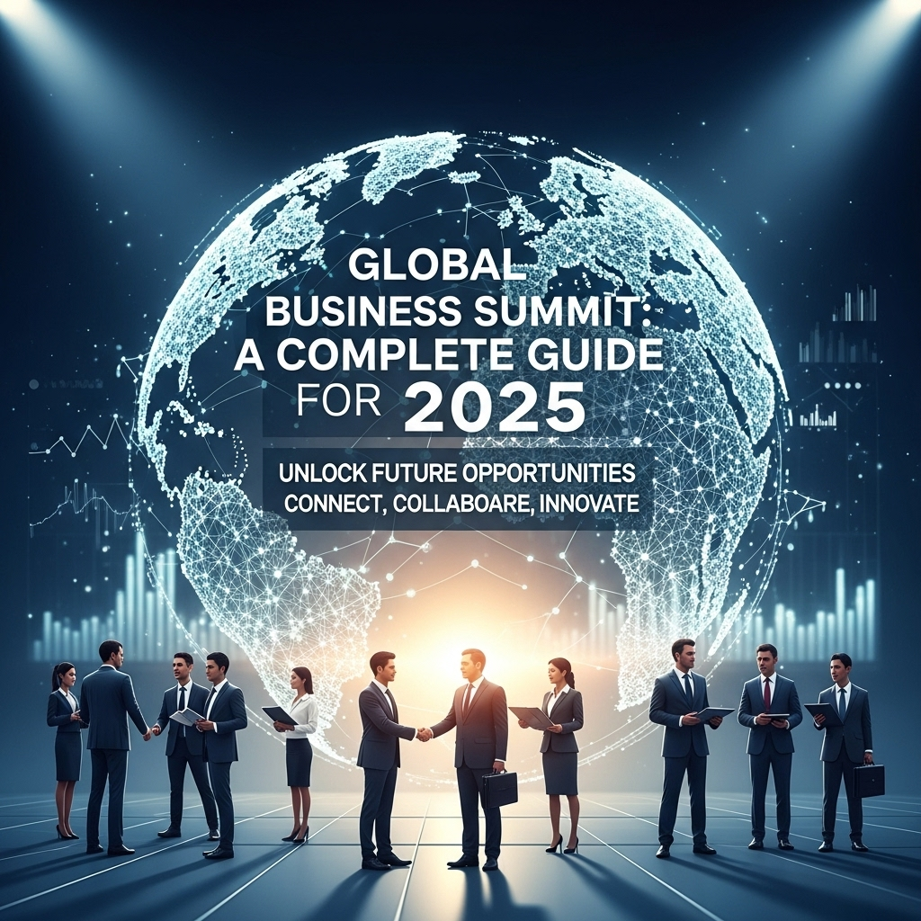 Global Business Summit 2025 guide with business leaders shaking hands and networking in front of a digital globe