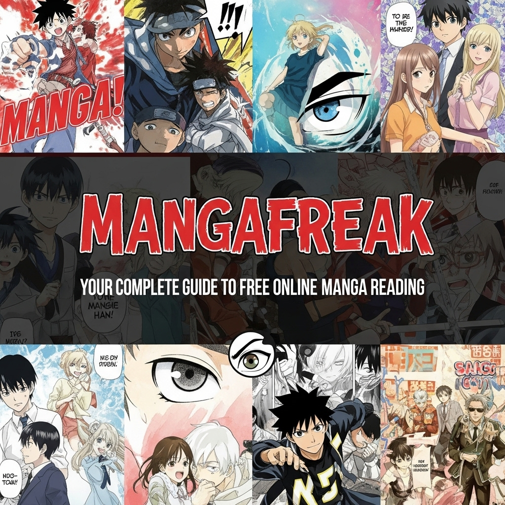 Collage of various manga characters with the title "MANGAFREAK" in bold red letters and the tagline "Your Complete Guide to Free Online Manga Reading" in white text beneath.