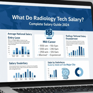 Radiology tech salary infographic for 2024 with charts on national averages, mid-career earnings, and regional differences.
