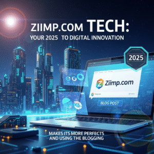 Futuristic cityscape with laptop showing Ziimp.com website and digital analytics graphics, representing 2025 tech innovation.